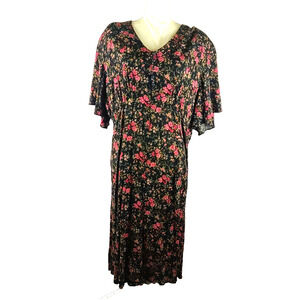 Vintage Betsy Lauren Women Dress Size 16 Black Red Flowers Country Church Modest
